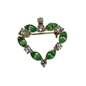 Vintage Gold Tone Green Marquise & Clear Rhinestone Heart Brooch/Pendant (5848)